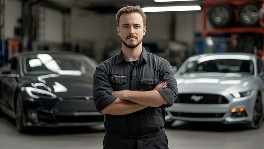 Mechanic Standing in Front of EV and ICE